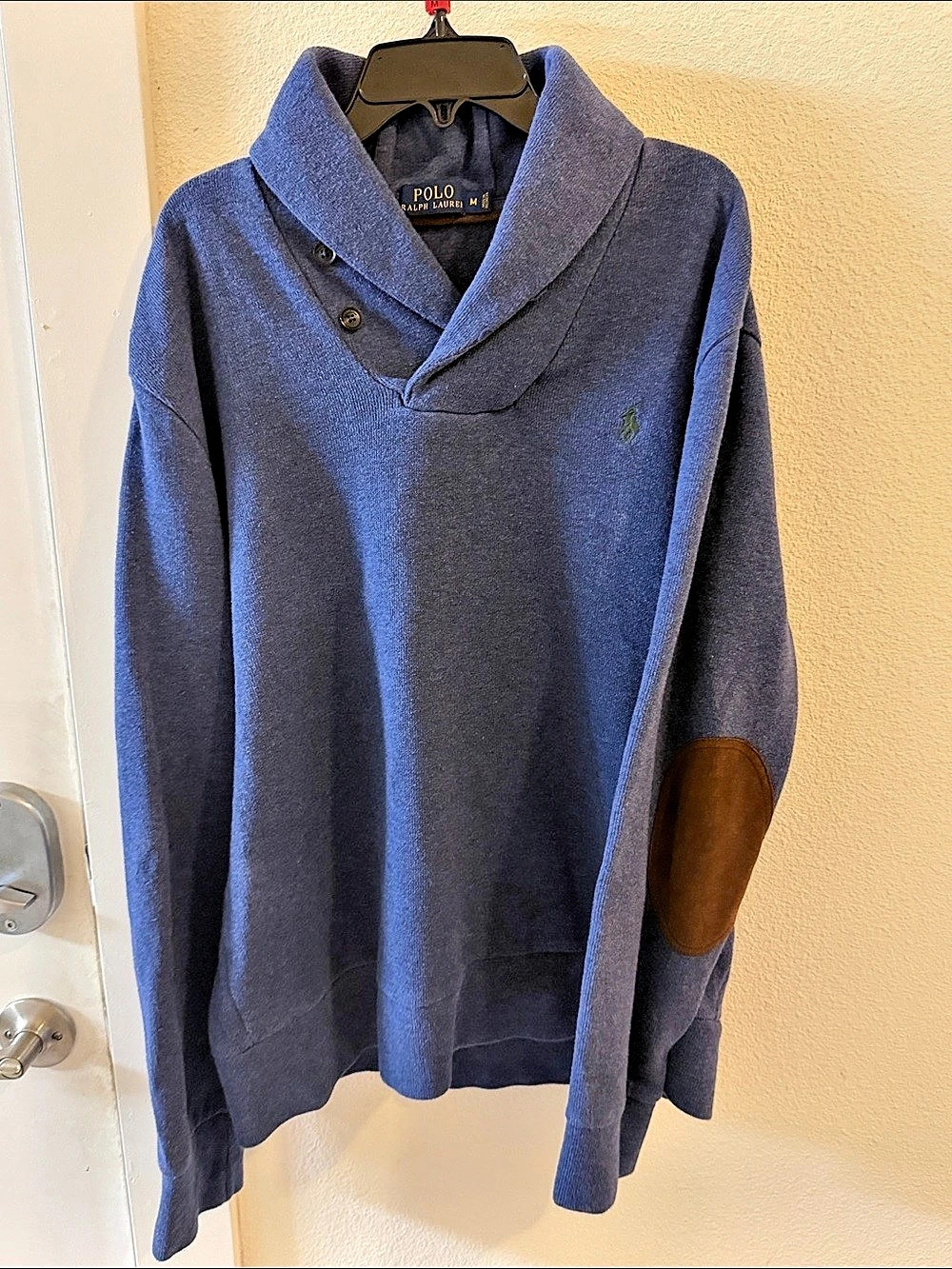 Polo Ralph Lauren Men’s M Shawl Collar Sweater Blue Green Pony Elbow Patches
